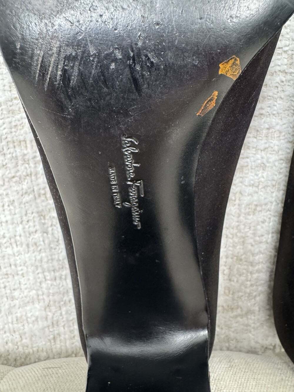Salvatore Ferragamo 1990s Vintage Black Satin Pumps with Rhinestone Heel Trim S7 - Picture 11 of 15